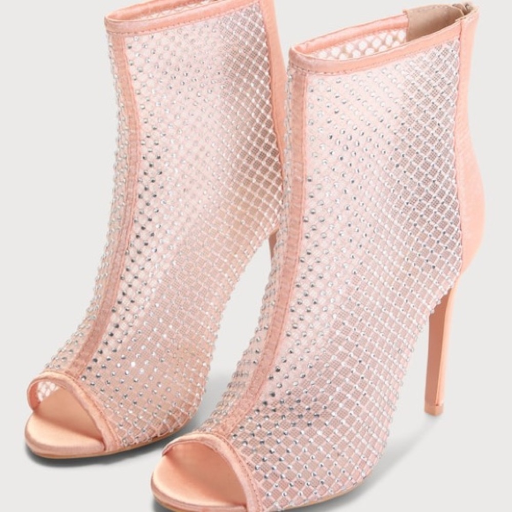 Lulus Hakka Rose Gold Satin Rhinestone Peep-Toe Booties *NEW* Size 9